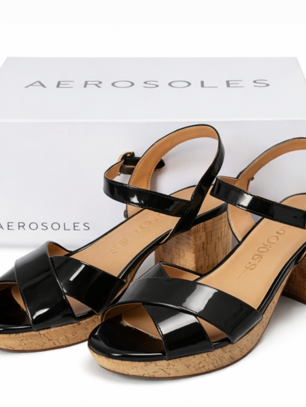 Aerosoles Cosmos Black Patent Platform Heels Size 8.5M Chunky Heel Sandals